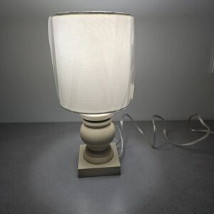 New Elegant TanTable Lamp With White Round Shade. Comes With Oroginal Box.